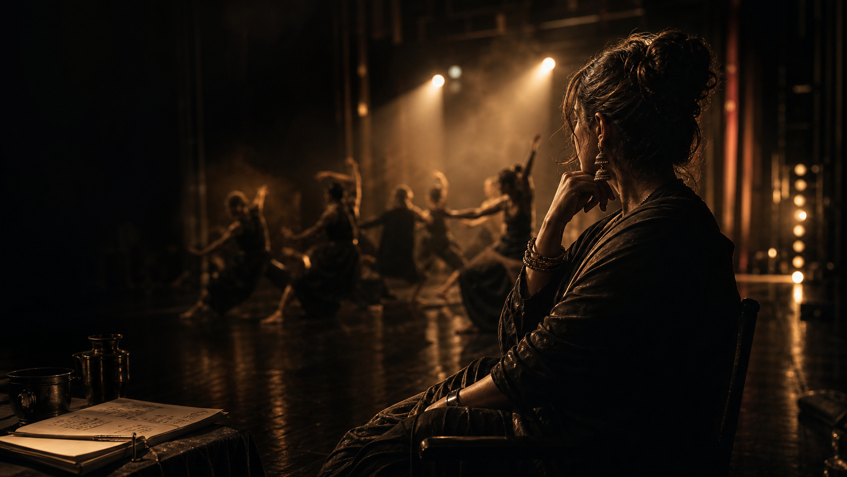 Shabina Khan watching dancers rehearse in warm spotlight