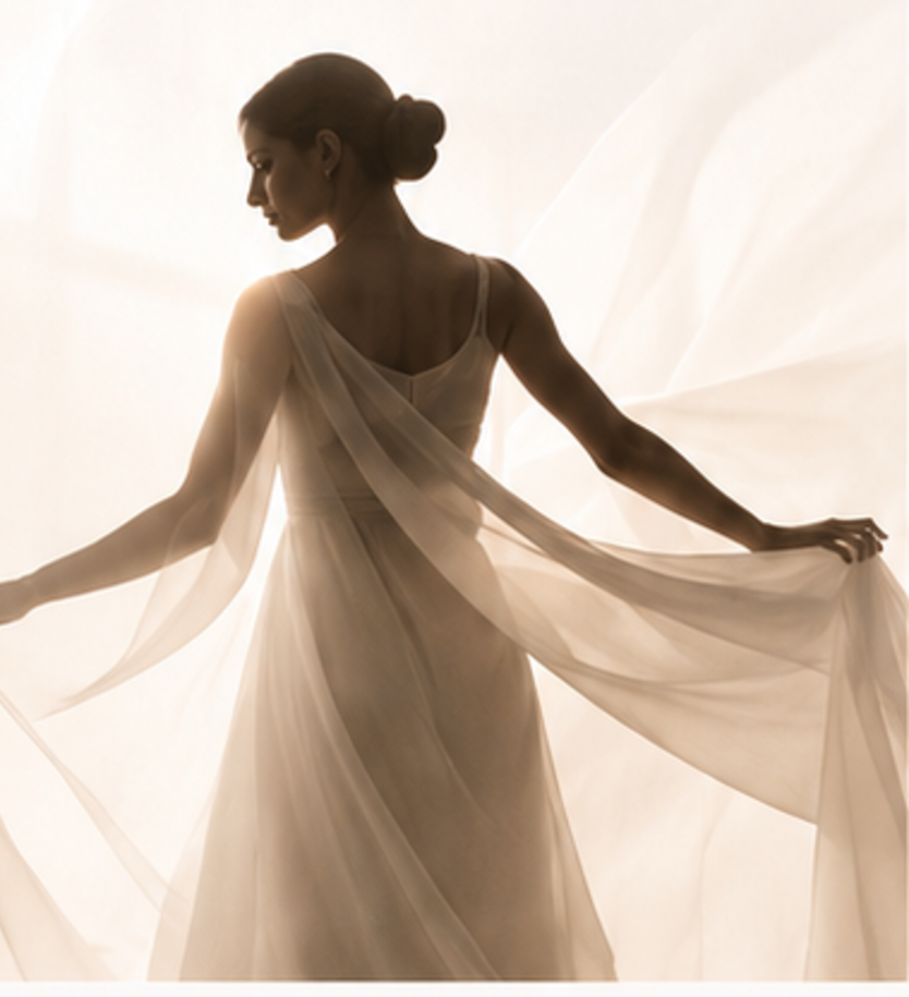 Dancer in flowing ivory fabric, backlit by soft warm light