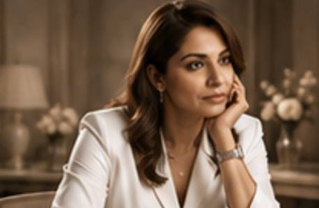 Shabina Kkhan seated, in thought