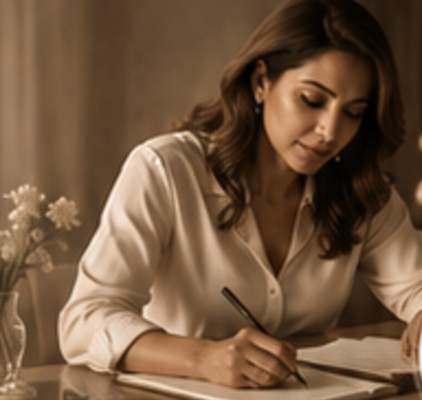 Shabina Kkhan writing choreography notes at her desk